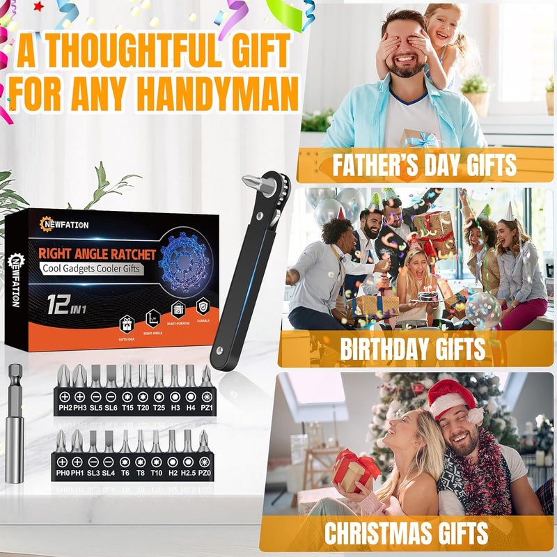 NewFation Ratcheting Screwdriver Men Gifts – Right Angle Screwdriver for Tight Spaces, Cool EDC Gadgets, Small Tool Gift for Men Dad Husband - Image 2